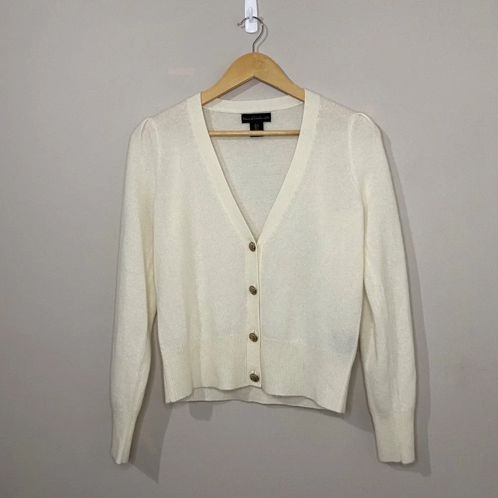 House of Harlow 1960 EUC Cream V-Neck Cashmere Cardigan Gold Crest Buttons Small